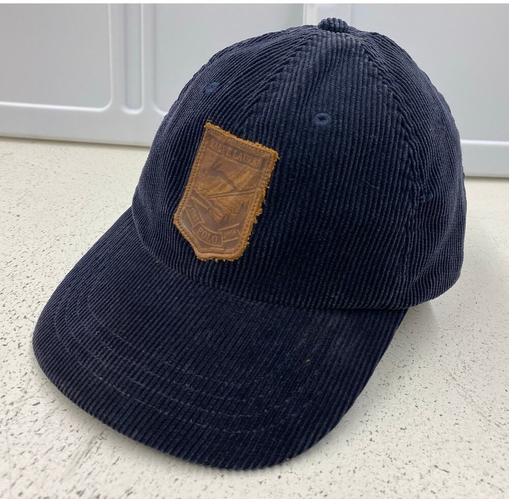 VTG Polo Ralph Lauren corduroy leather patch cotton navy strapback dad hat